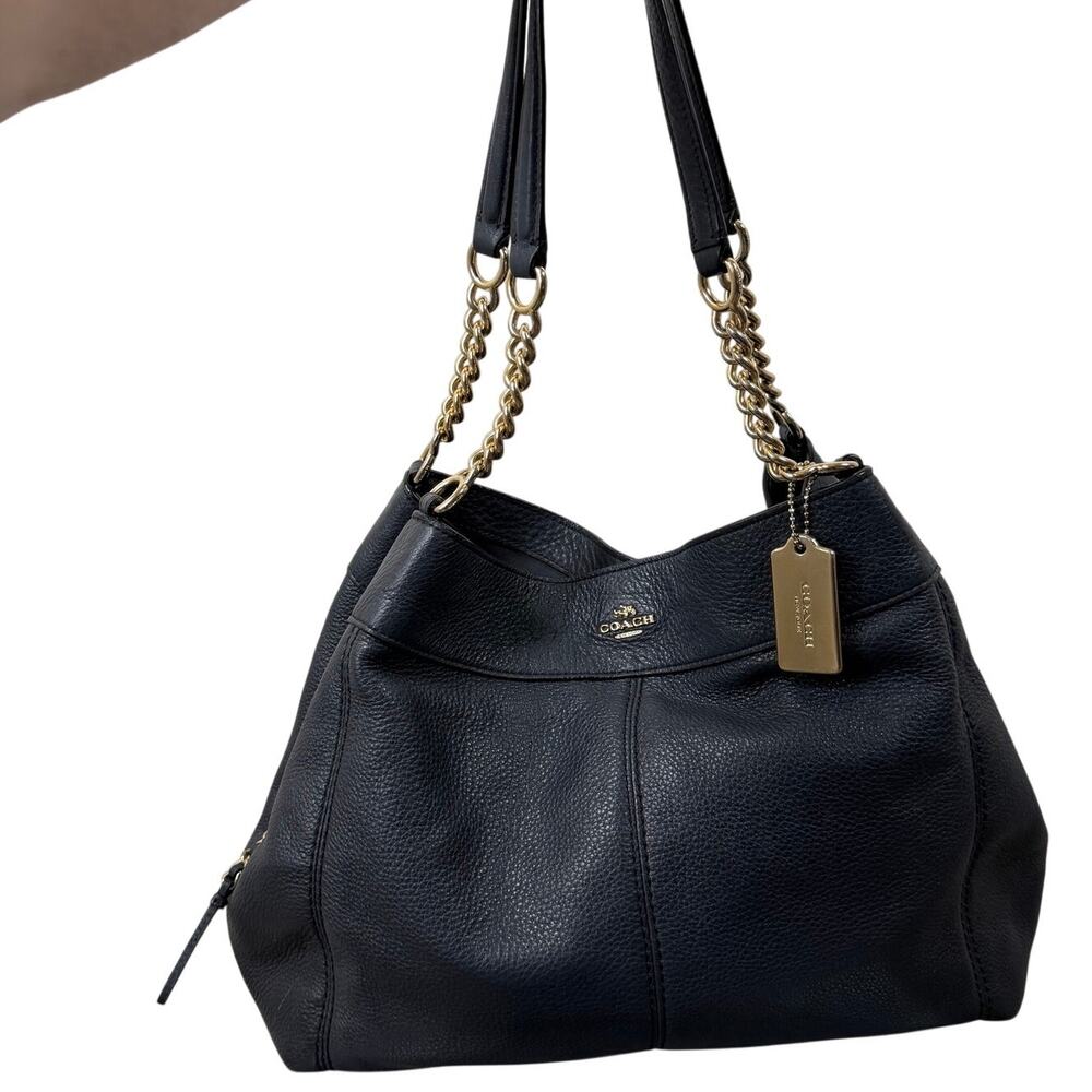 Coach F27594 Pebbled Leather Chain Shoulder Hobo Tote Navy Gold Hardware